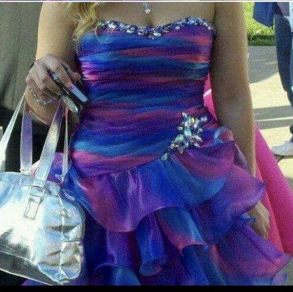 Tony Bowls Ruffle Tie Dye Prom Dress Purple Pink Blue - Picture 2 of 2